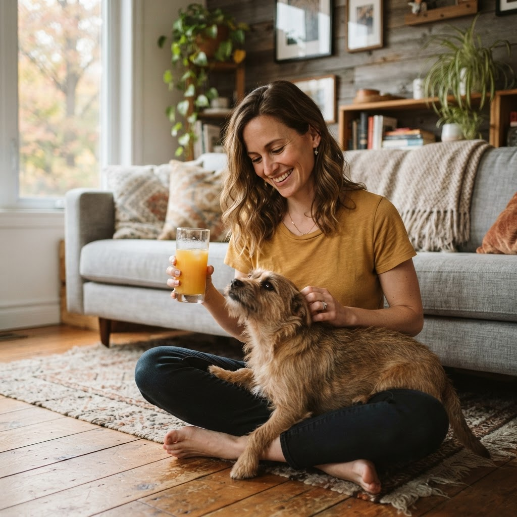 A smiling woman in a yellow shirt relaxes on the floor of a cozy living room, holding a glass of orange juice while petting her happy dog