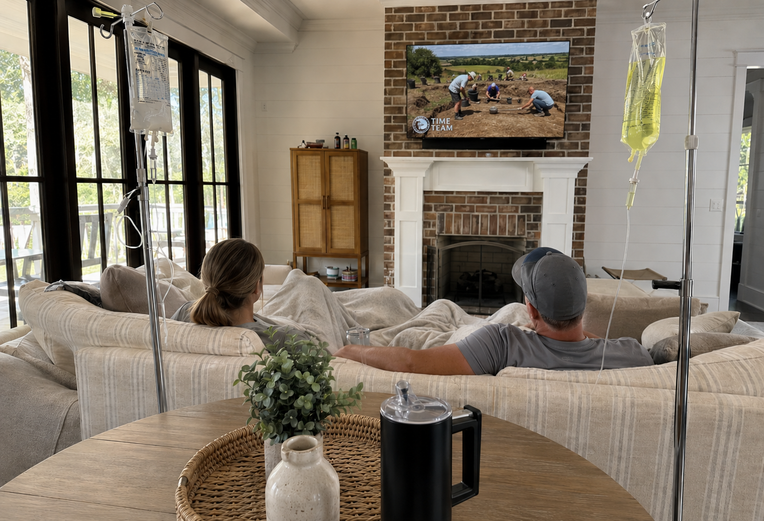 A couple receiving mobile IV therapy at home on a sofa with IV poles beside them in a bright living room