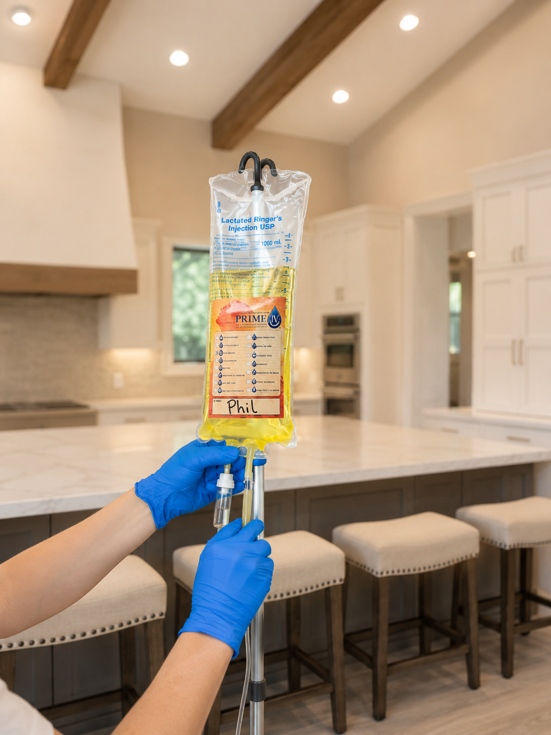 A registered nurse preparing a Prime IV drip bag with blue gloves in a bright modern home kitchen