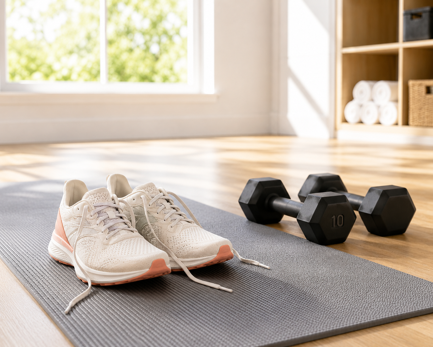 Running shoes and dumbbells resting on a yoga mat in a bright, sunlit home gym